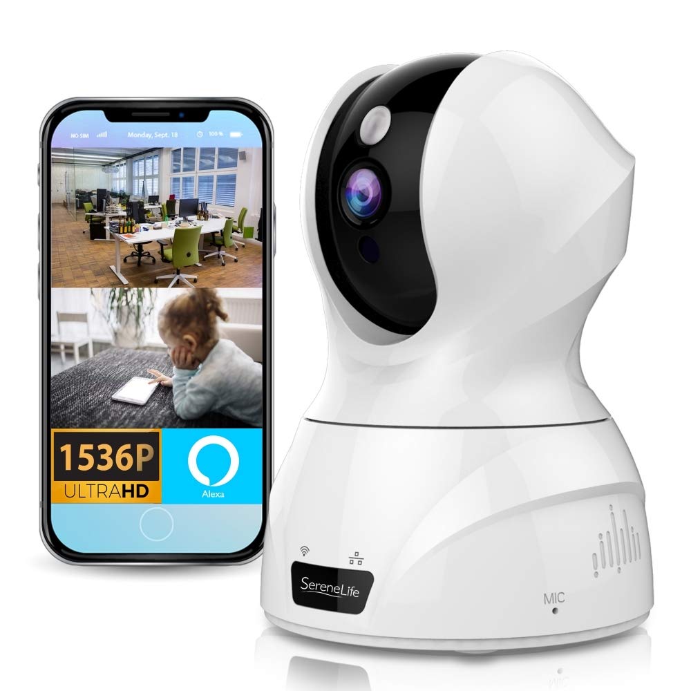 SereneLife 3MP WiFi IP Camera - HD 1536p - Smart Tracking PTZ Face Detection Alexa Compatible Wireless Home Security w/ Motion Detect, Night Vision Video - Mobile and Desktop Access - IPCAMHD50