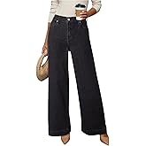 DOKOTOO Women's Casual High Waisted Jeans Stretch Button Wide Leg Loose Denim Pants with Pockets
