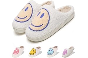 LINWIND Fuzzy Slippers for Women Men, Cute Retro Fluffy Happy Face House Slippers, Plush Memory Foam Slippers for Women Indoor and Outdoor Cozy Trendy Slip-On Shoes