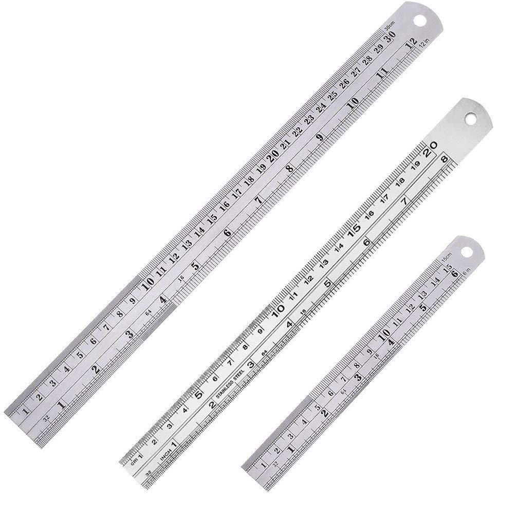 SACONELL 3 Pieces Stainless Steel Ruler丨30cm(12 Inch) +20cm(8 Inch) +15cm(6 Inch) Metal Rulers with Conversion Table丨Perfect Straight Edge for Easy Measurements 丨HEAVY Duty Stainless Steel Ruler