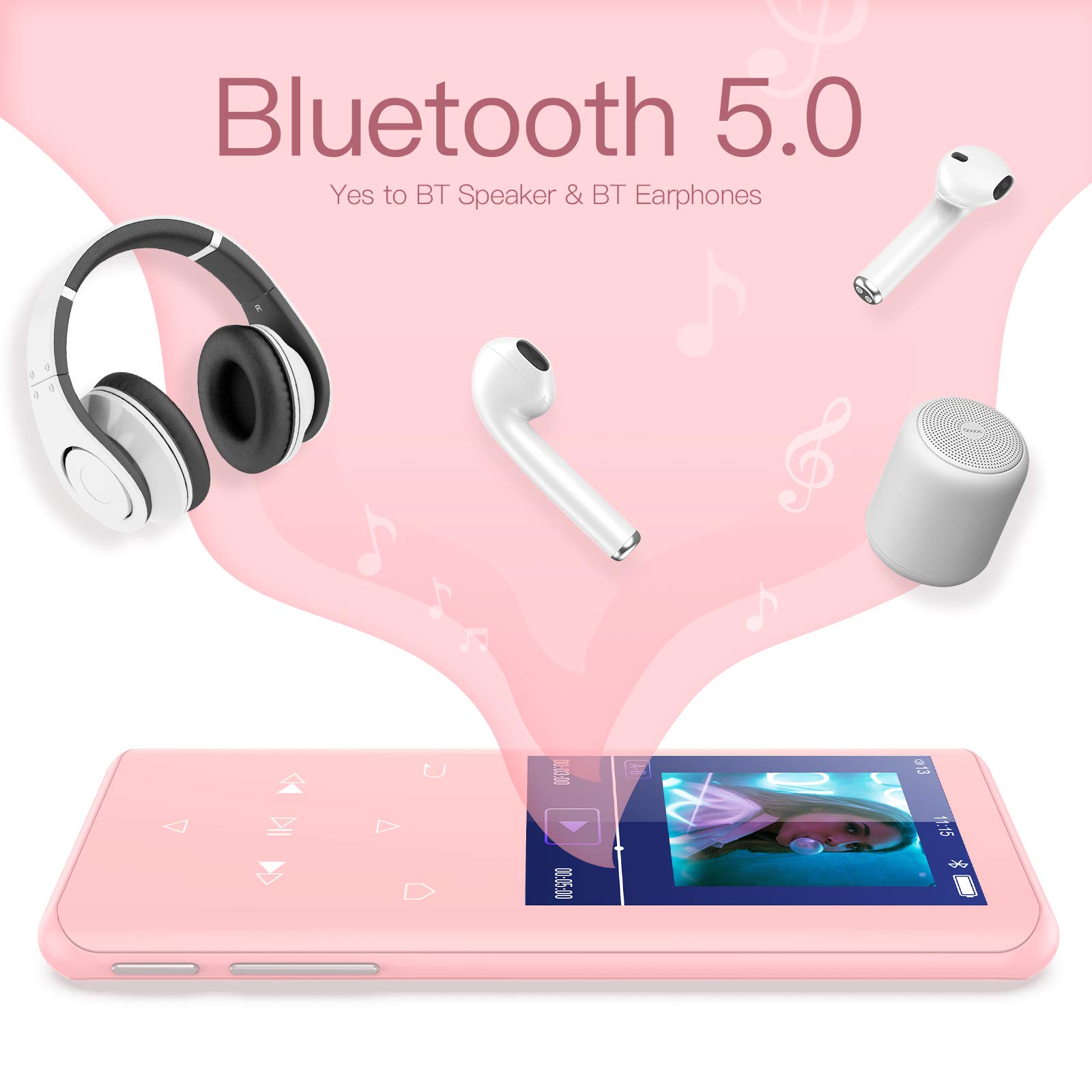 AGPTEK 128GB MP3 Player with Bluetooth, K3 2.4 inch Music Player with Speaker and FM Radio, One-Click Recording, Supports Up to 256GB(Pink)
