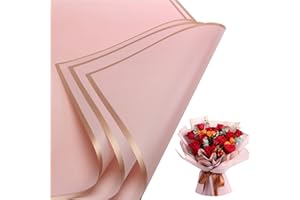 Buperor 20 Sheets Flower Bouquet Wrapping Paper, 22.5 x 22.5 inch Folding Package Floral Wrapping Paper for Wedding Birthday Valentine's Day Gift DIY Bouquets Gold Trim Rose Pink