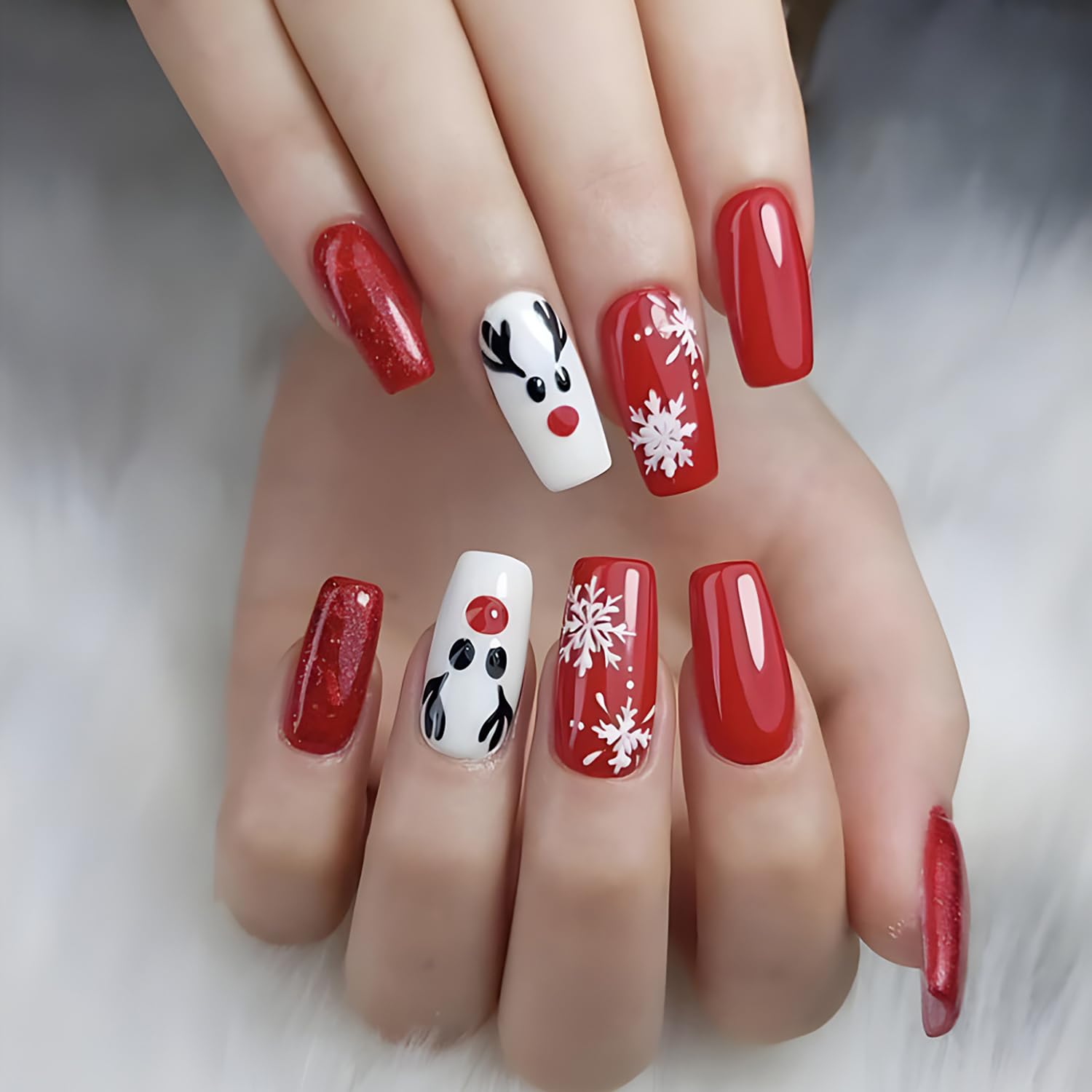 Photo 1 of 24 Pcs Christmas Press on Nails Medium Coffin RIICFDD Christmas Fake Nails Red Xmas False Nails with Cute Elk Designs Glossy Full Cover Stick on Nails Glue on Nails for Women Xmas Acrylic Nails