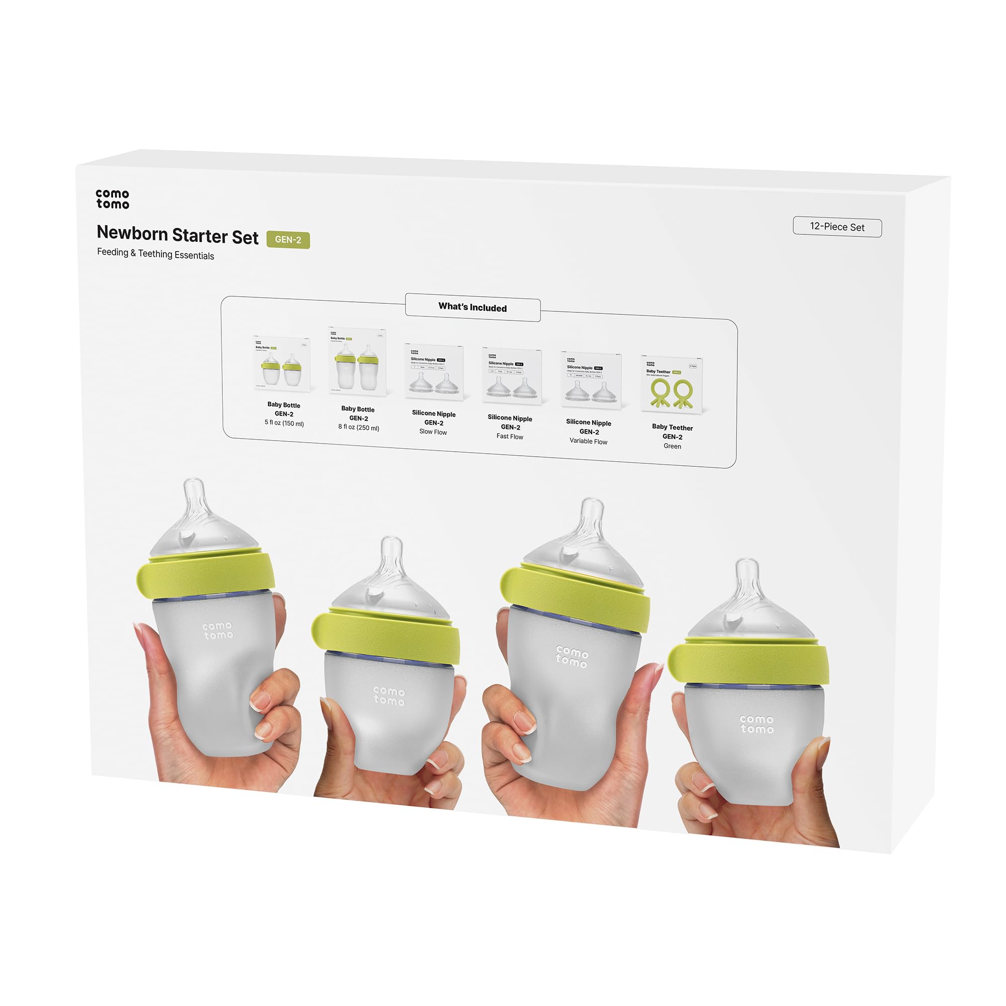 Comotomo (Gen 2) Newborn Starter Set, Green, 12 Piece Bundle | Registry must-have essentials set with bottles, various nipple