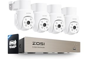 ZOSI 5MP 360°View Wired Security Camera System with AI Human/Vehicle Detection,4 x 5MP Pan Tilt Cameras Indoor Outdoor,One Way Audio,H.265+ 8CH CCTV DVR with 500GB Hard Drive for Home 24/7 Recording