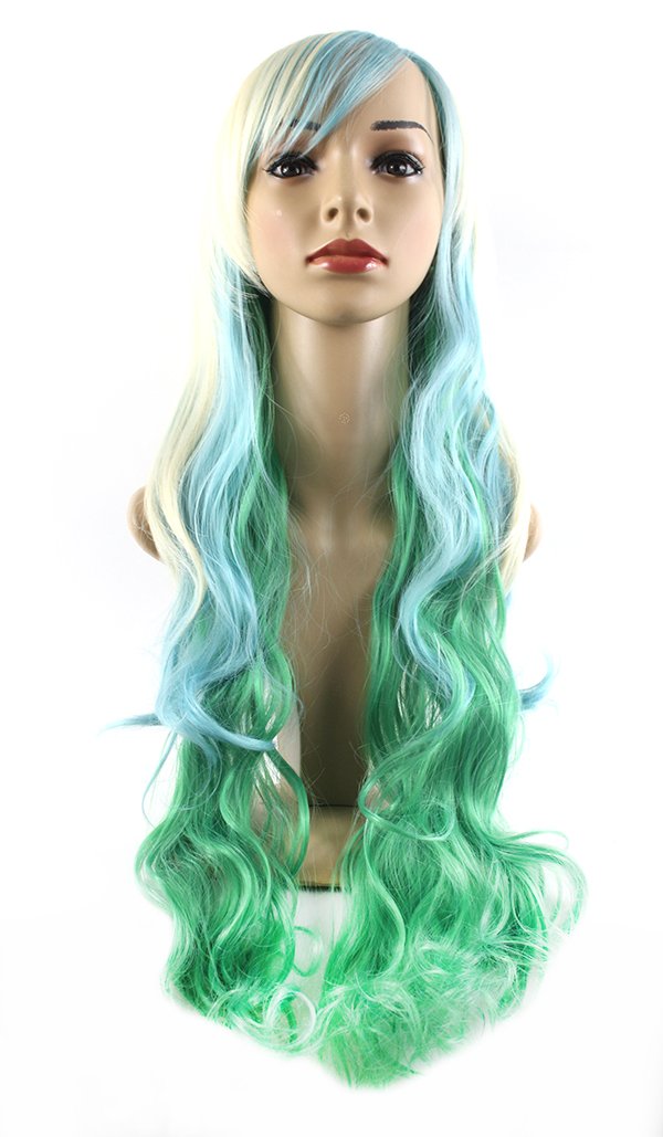 Xiaoyu 14"71cm Harajuku Style Mixed Light Blonde Blue Green Long Female Curly Cosplay Wig