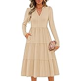 ZESICA Women's Long Sleeve Spring Dresses 2026 Fashion V Neck Casual Loose Ruffle Flowy A Line Tiered Midi Dress