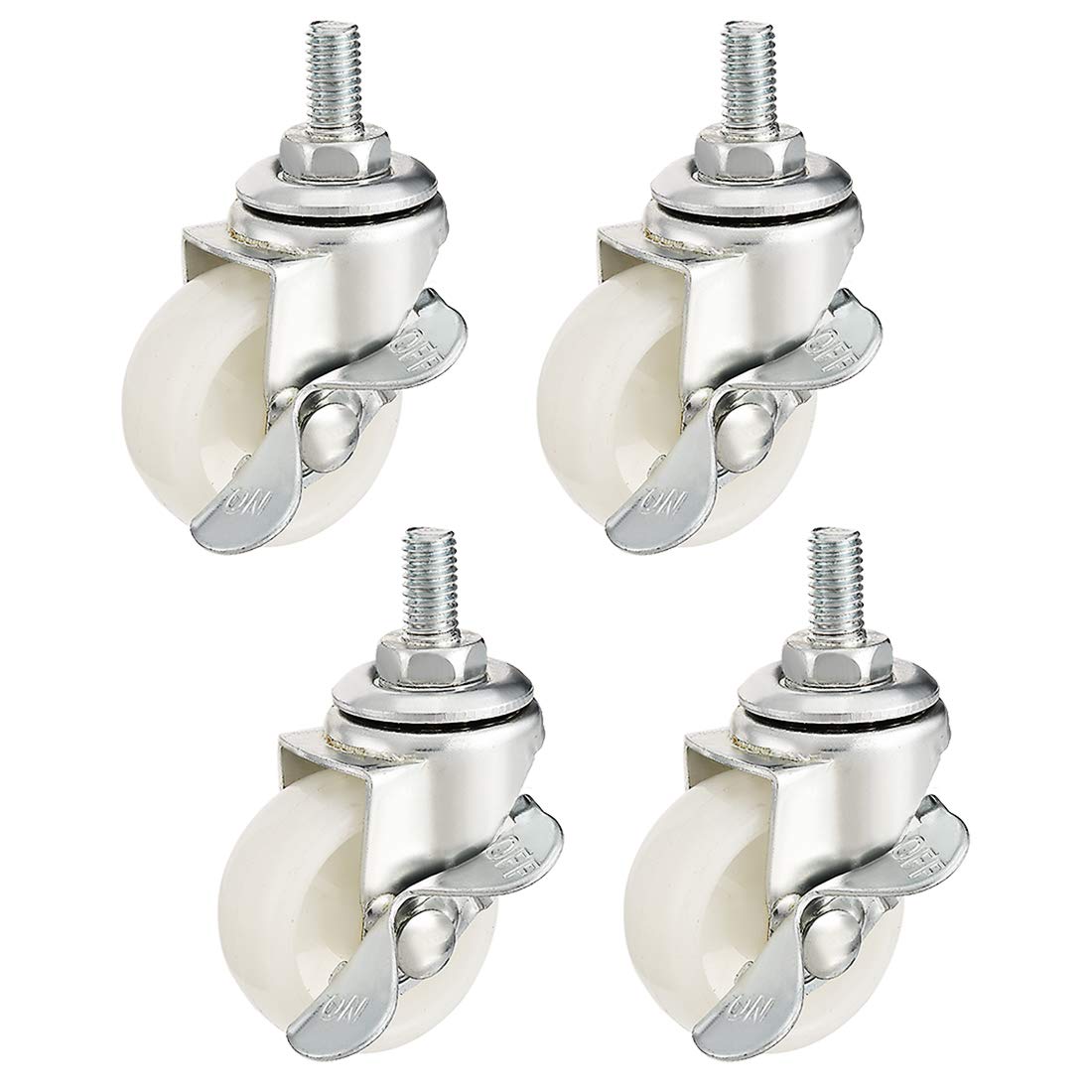 sourcing map Swivel Casters 1.5 Inch Nylon 360 Degree M8 x 15mm Threaded Caster Wheels with Brake White 44lb Capacity 4 Pcs