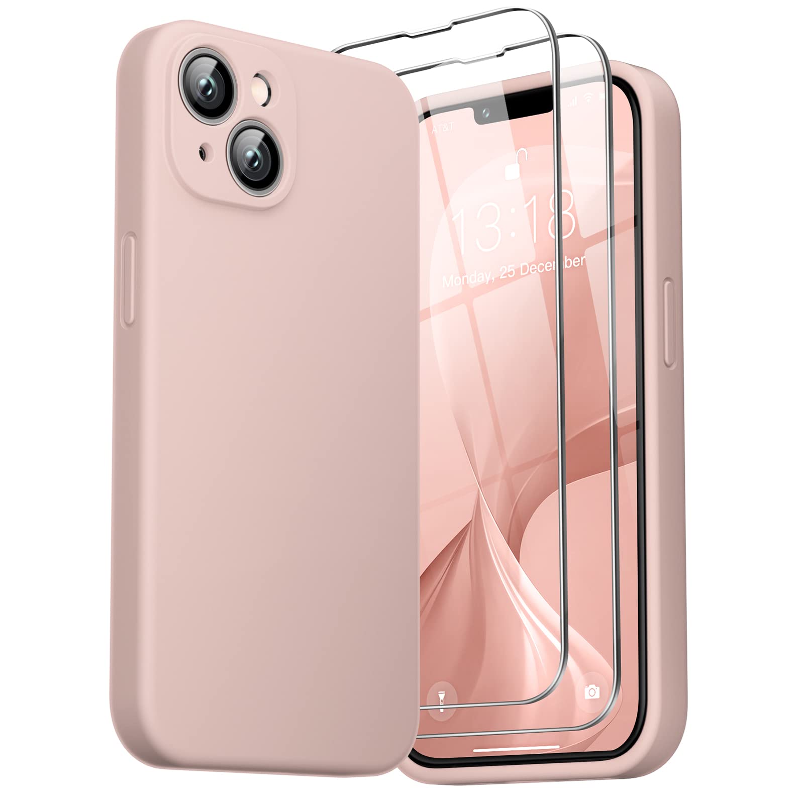 GOODVISH [3 in 1 Designed for iPhone 14 Case, iPhone 13 Case Liquid Silicone (6.1"), [Upgraded Camera Protection][ 2 Pack Screen Protector] Shockproof, Anti-Scratch Gel Slim Phone Cover, Sand Pink — image 1