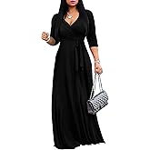 AOMONI Women's Floral Print Maxi Dresses Summer with Pockets Casual 3 4 Sleeve V-Neck Wrap Tie Waist Long Dress, M-3XL