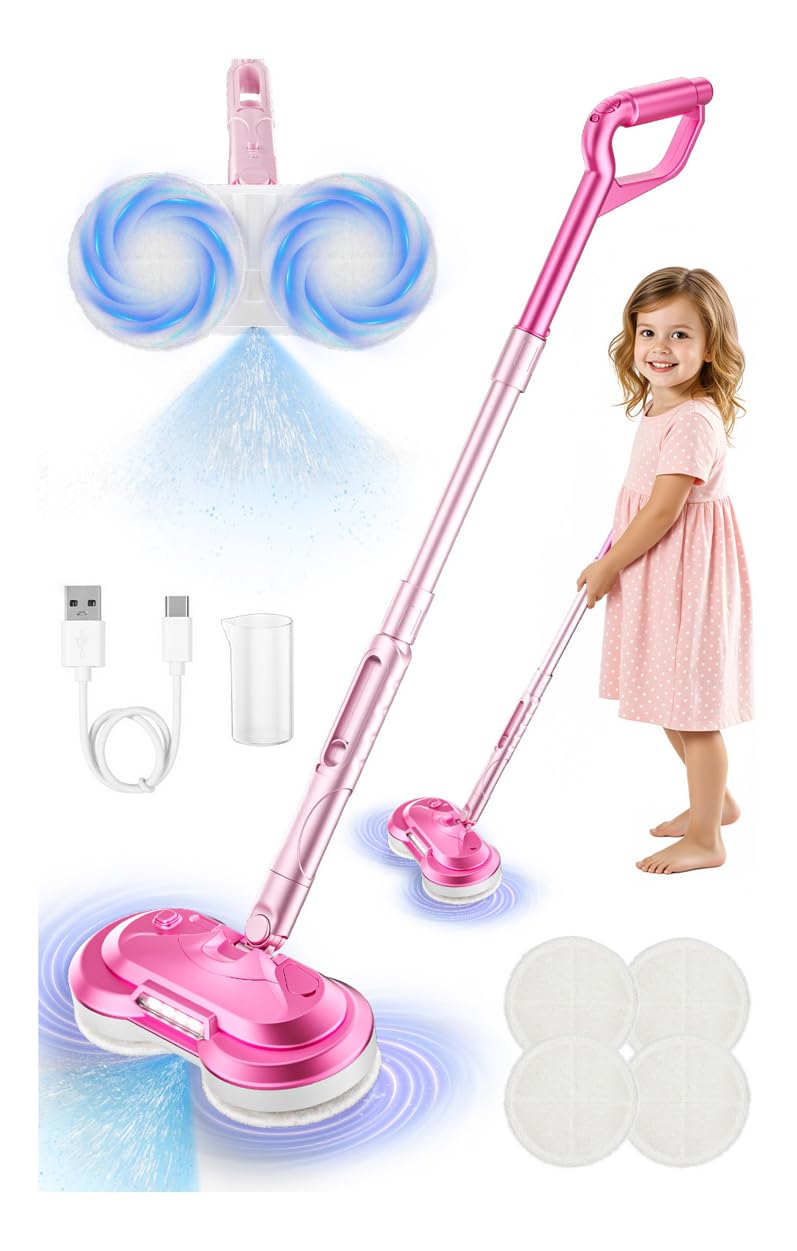 BLAXTEM Kids Electric Spray Spin Mop Toy, Rechargeable Cordless Electric Mop W/ Water Sprayer & LED Headlight for Children Ages 3 4 5 6+ Girls & Boys, Cleaning Toy for Pretend Play (Pink)