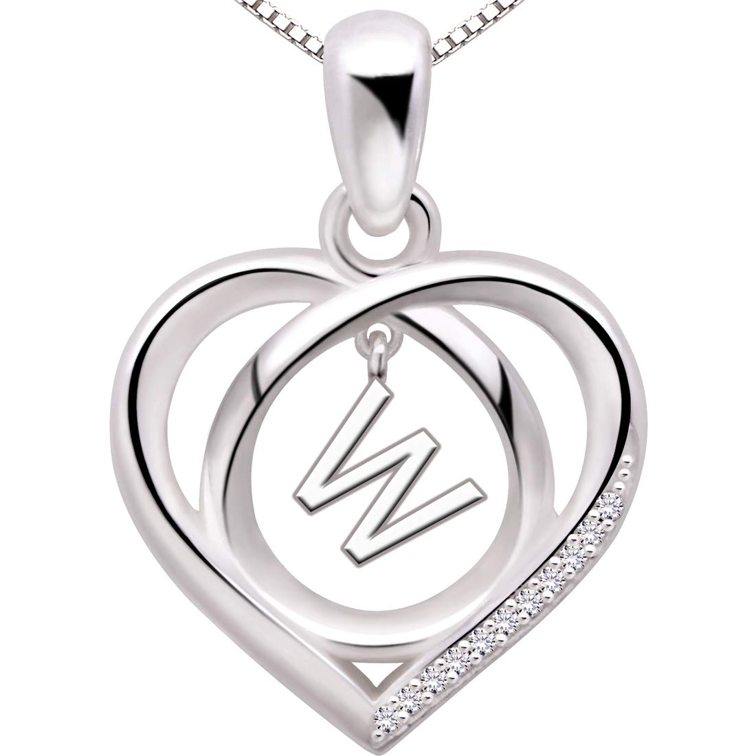 ALOV Jewelry Sterling Silver Initial Letter Alphabet Love Heart Cubic Zirconia Pendant Necklace (W)