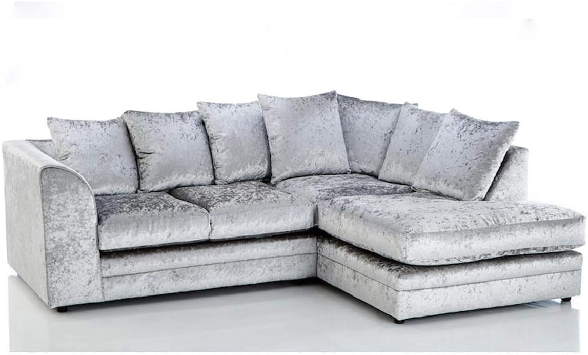 Limitless Home Mylon Corner Sofa Crushed Velvet in Black with a FREE Footstool Right Hand Facing (Silver)