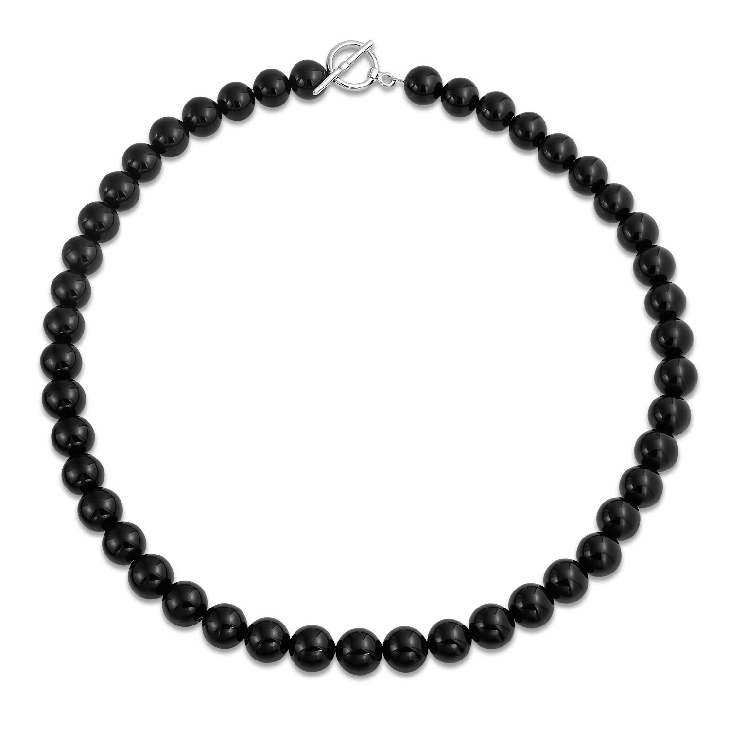 Plain Simple Basic Western Jewelry Classic Black Onyx Round 10MM Bead Strand Collarbone Necklace For Women Teen Silver Plated Clasp 17 Inch