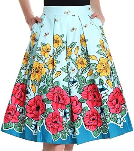 Yige Women's Vintage High Waist Flared Skirt Pleated Floral Print Midi Skirt with Pocket