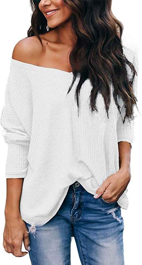 LuckyMore Women's Casual V-Neck Off Shoulder Batwing Sleeve Pullover Waffle Knit Blouse Loose Top Shirt