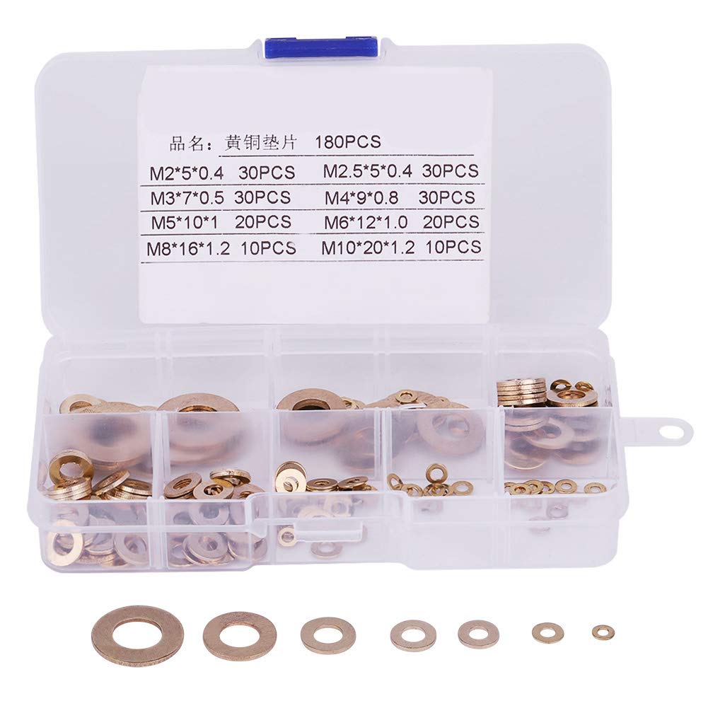 180Pcs Brass Flat Washer Assortment Set with Box M2/M2.5/M3/M4/M5/M6/M8/M10 Walfront Metal Washers