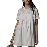 VAOYIU Women Crochet Lace Mini Dress Round Neck Short Sleeve Sheer Mesh Clothing Casual Outfits with Lace Back Design