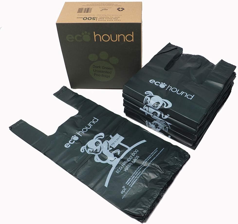 Ecohound 500 Large Thick Premium Quality Dark Green Dog Waste Bags With Easy Tie Handles, Thick Strong Leak Proof 17 Micron Poo Bags (Not On A Roll)