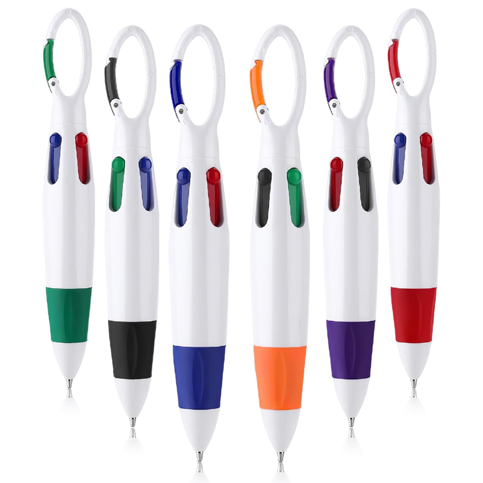 6 Pcs Lanyard Pen, Multi Coloured Pens All In One, Portable Multicoloured Pen, 4 In 1 Shuttle Retractable Pens with Buckle Keychain On Top for Office School Supplies Students Gifts Party Favors