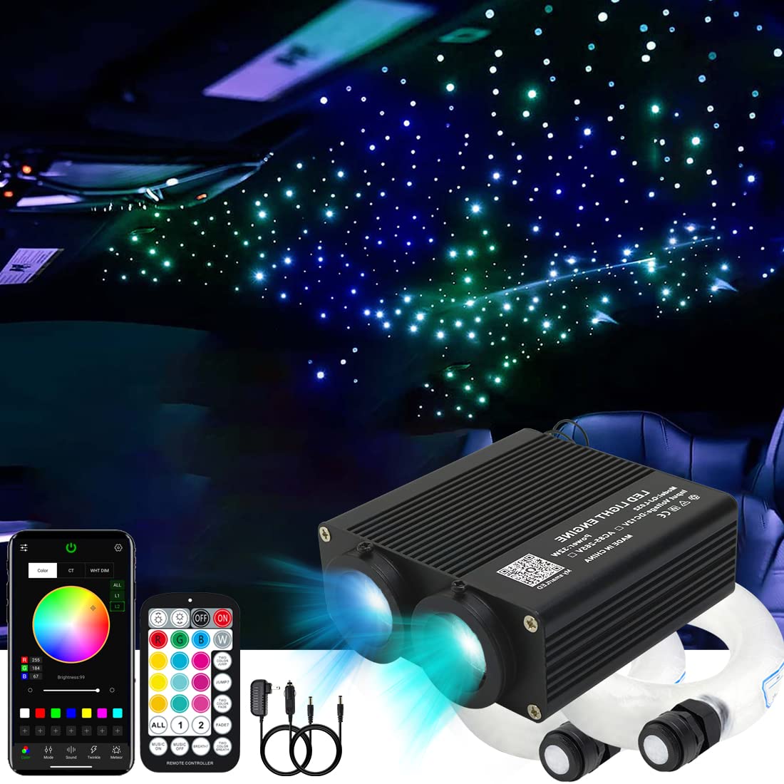 Photo 1 of AZIMOM Dual Color 32W Sound-Activated 1300pcs Fiber Optic Starlight Headliner Kits 0.03in 13.1ft Fiber Strands APP/Bluetooth Remote Control Music Sensory Star Ceiling Home Car Roof Decor