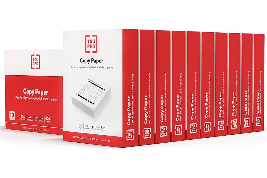 Staples TRU RED Copy & Printer Paper, 8.5 x 11, 20 lb, 92 Bright, 5,000 Sheets/Carton, White Letter Size Paper for Office, School & Home