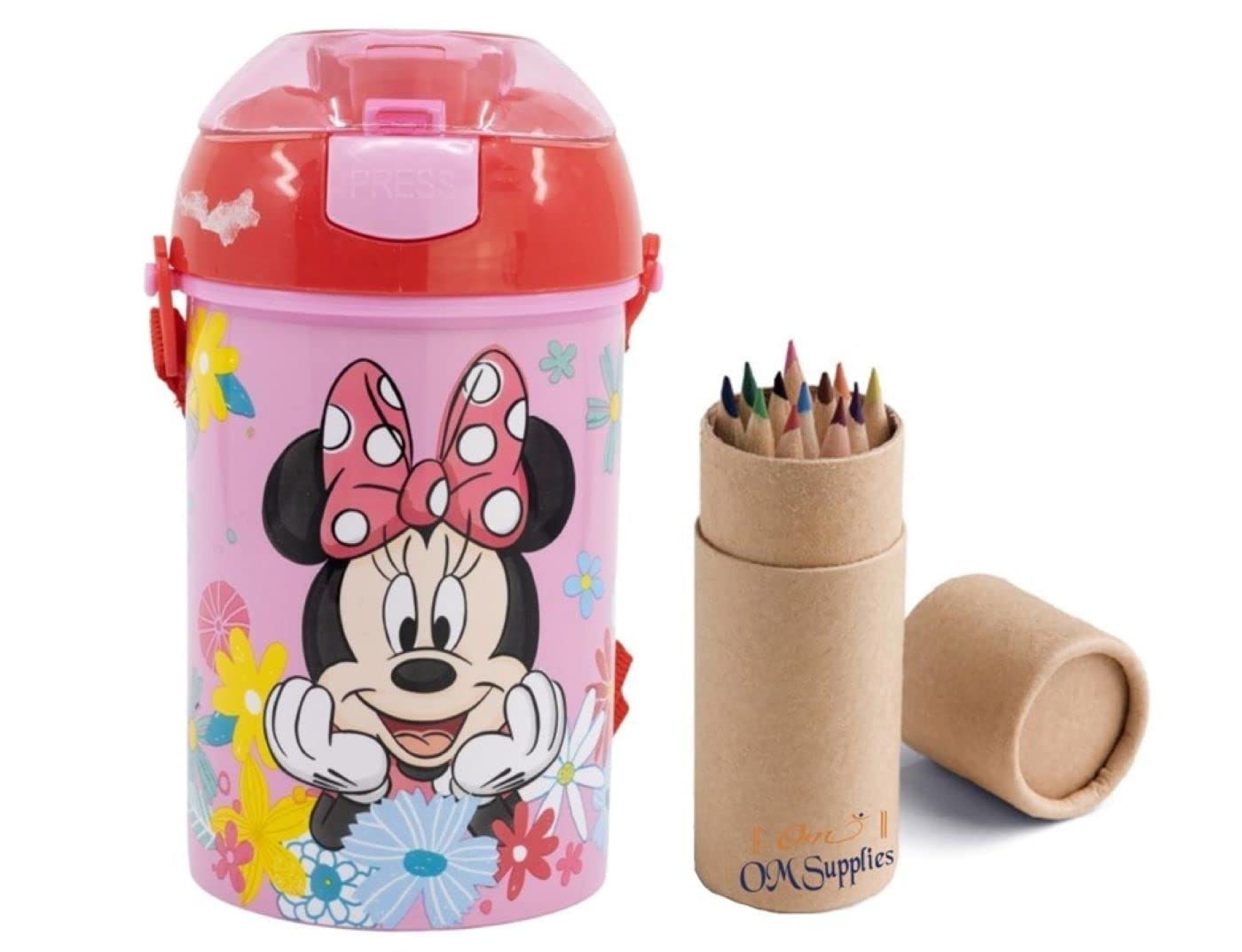 Minnie Pop Up Water Bottle Drink Bottle Flask with Neck Cord for Easy Carry School Lunch Kids Childrens 450ml Includes Half Size 12pcs Pencil Set (Minnie)