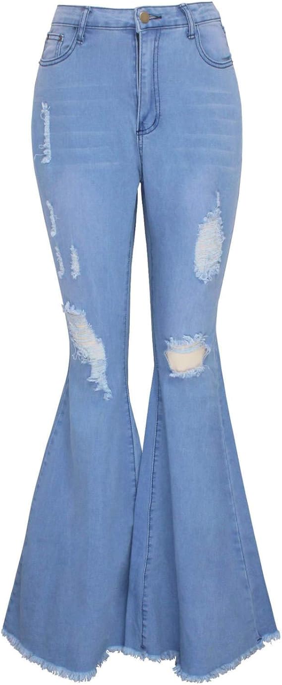 Women's Elastic Ripped Hole Classic Denim Bell Bottom Jeans Blibea