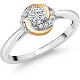Gem Stone King White Moissanite and White Lab Grown Diamond Solitaire Engagement Ring For Women | 925 Silver and 10K Yellow Gold | 0.30 Cttw | Round 4MM | Wedding Anniversary Promise Ring