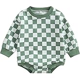 Karuedoo Baby Boy Girl Checkered Sweatshirt Romper Oversized Long Sleeve Bubble Romper Top Neutral Baby Fall Clothes