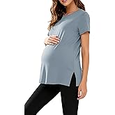 WOOXIO Women's Maternity Shirts Short Sleeve Split Hem Pregnancy Tops Clothes