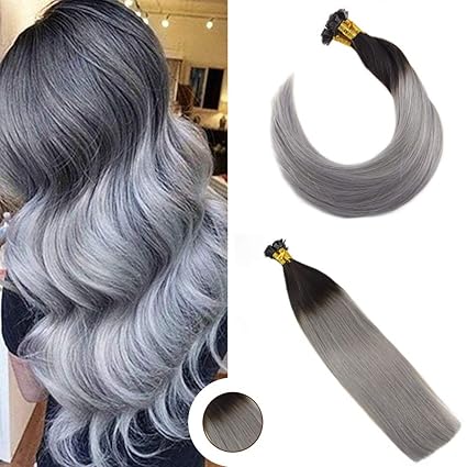 Ugeat 1g/strand 50g/pack 16 Zoll Glatt Brasilianisch Remy Keratin Echthaar Extensions #1B/Silver Flat Tip Echt Tressen Extens