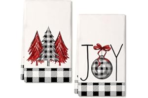 ARKENY Christmas Dish Towels for Christmas Decor Black Buffalo Plaid Xmas Tree Kitchen Towels 18x26 Inch Joy Noel Red Christmas Tree Seasonal Absorbent Bar Hand Towel for Cooking Set of 2