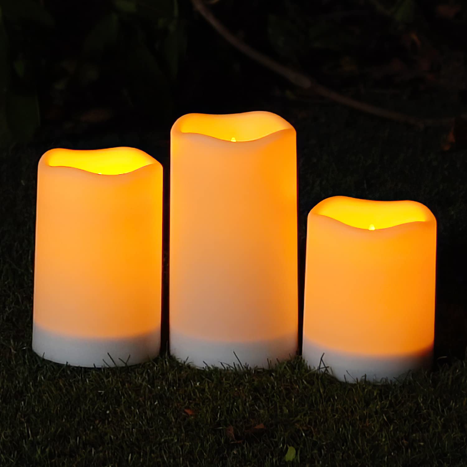 Homemory Solar Candles Outdoor Waterproof, Rechargeable Solar Powered Flameless Candle Lights for Outside Lanterns, Fake Pillar Candles, Garden Electric LED Candle Set of 3， 3"x 4" 5" 6"