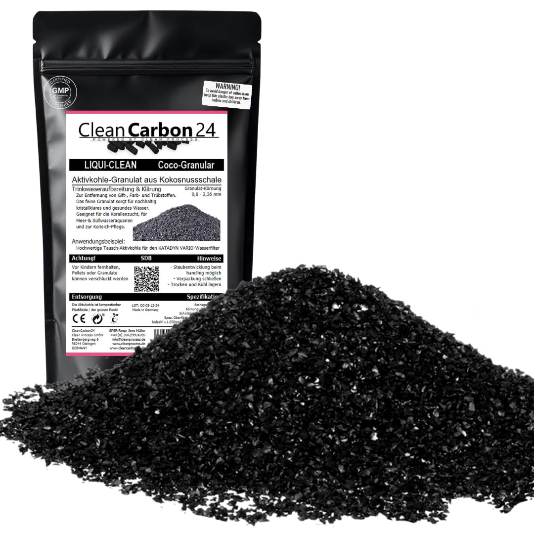 1 litre of activated charcoal granulate from coconut shells for water treatment (0.6-2.36 mm/8 x 30 mesh) [energy class A]