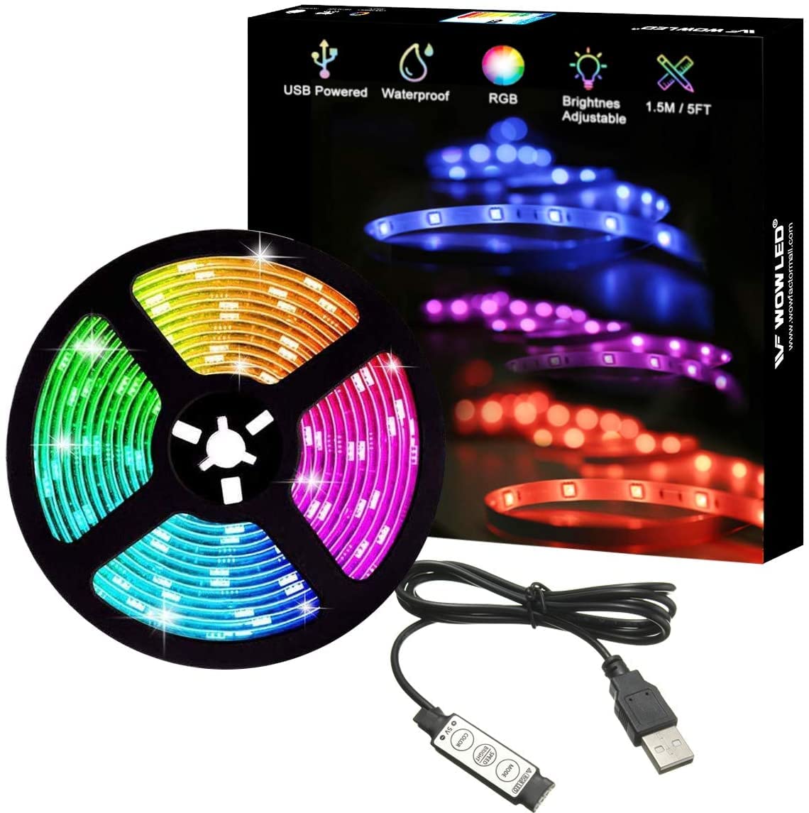 WOWLED RGB USB TV Back Lights, 1.5M 45LEDs RGB LED Strip Light 5050 TV Backlight Multi Color Changing Kitchen Cipboard Mood Lighting DC 5V