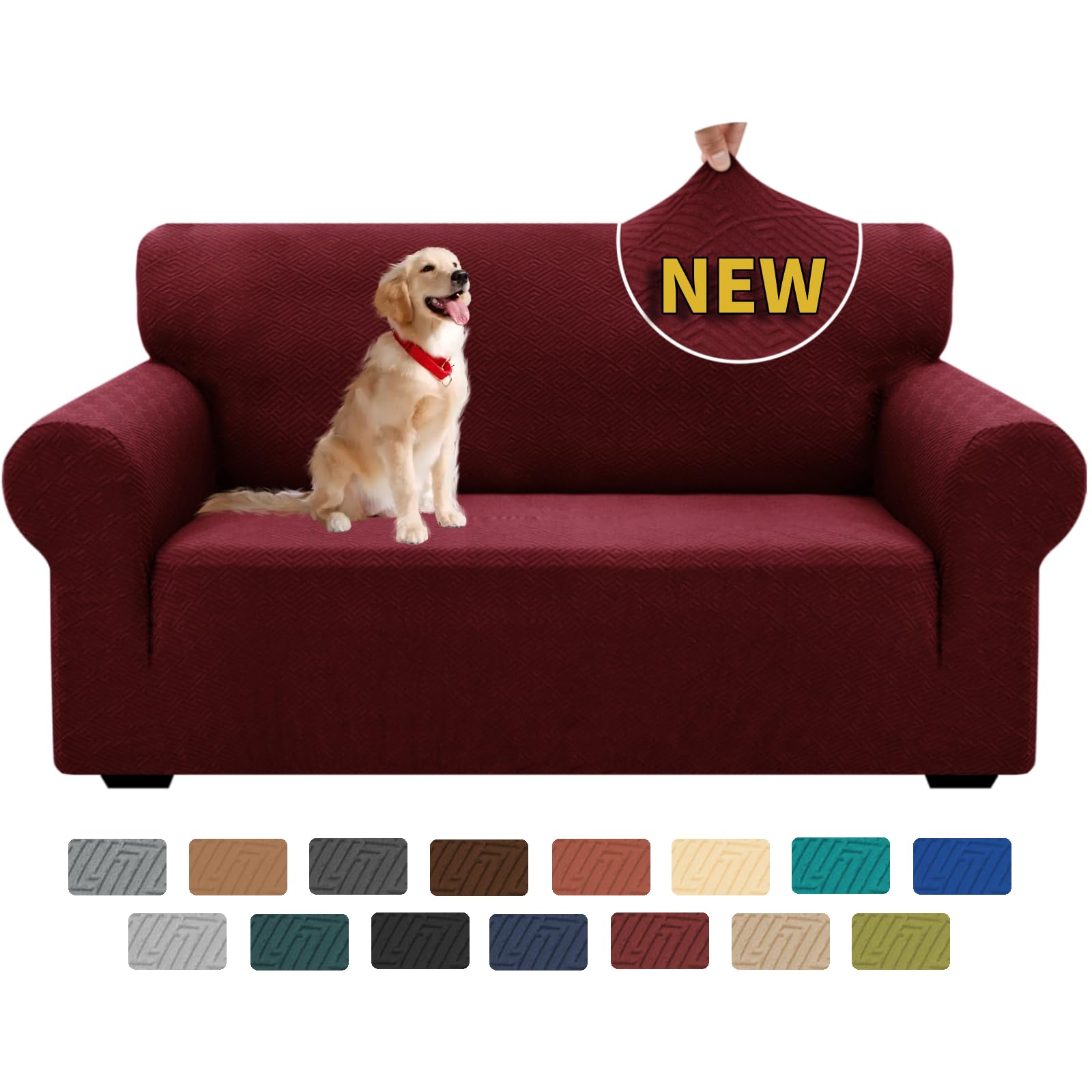 XINEAGE High Stretch Sofa Covers 2 Seater Latest Jacquard Loveseat Covers 1 Piece Loveseat Covers Non Slip Sofa Covers for Dogs Washable Sofa Slipcovers Living Room (2 Seater, Wine Red) — image 1