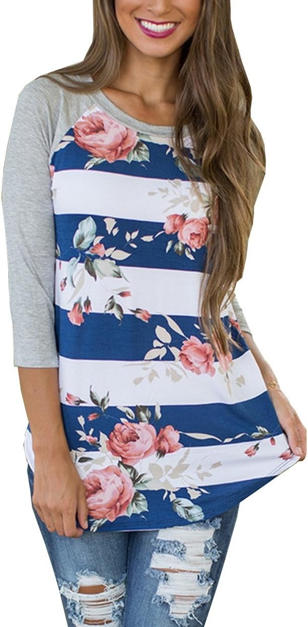 Floral Season Women's Plus Size Floral Print T Shirt Striped Casual Blouse Tops Blue X-Large