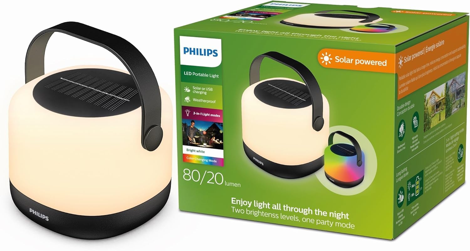 Philips Alula Portable Solar Light, 3000K and RGB Colour Change, USB Charging Cable, IP44, Black and White