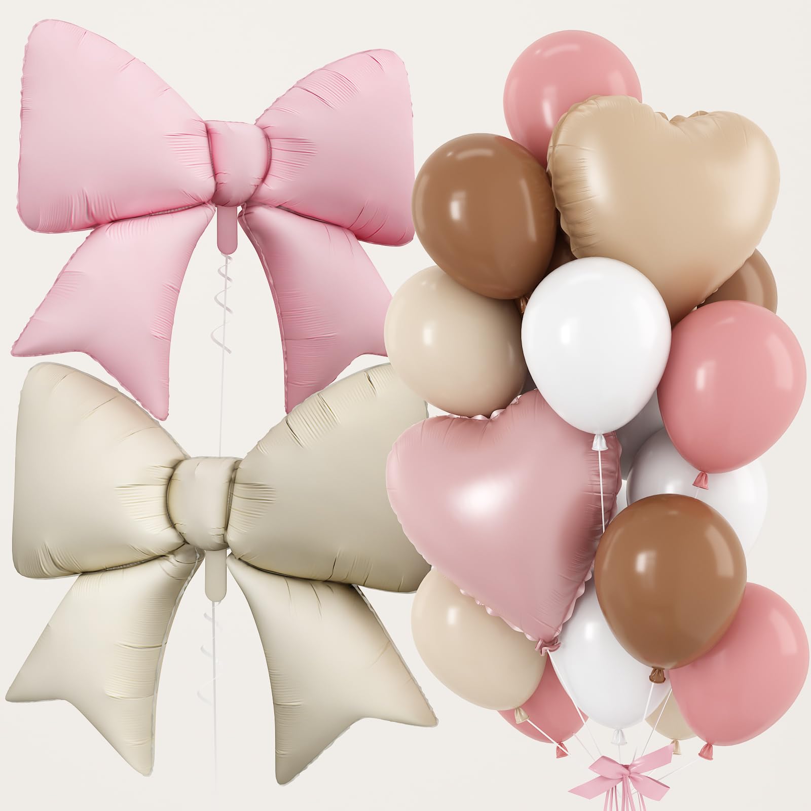 Dusty Pink and Brown Balloons, Baby Pink Beige Bow Heart Balloons, Dusty Rose Brown Sand White Latex Balloon with 38 Inch Helium Foil Bow 18 Inch Heart Shaped Balloon for Birthday Baby Shower Wedding
