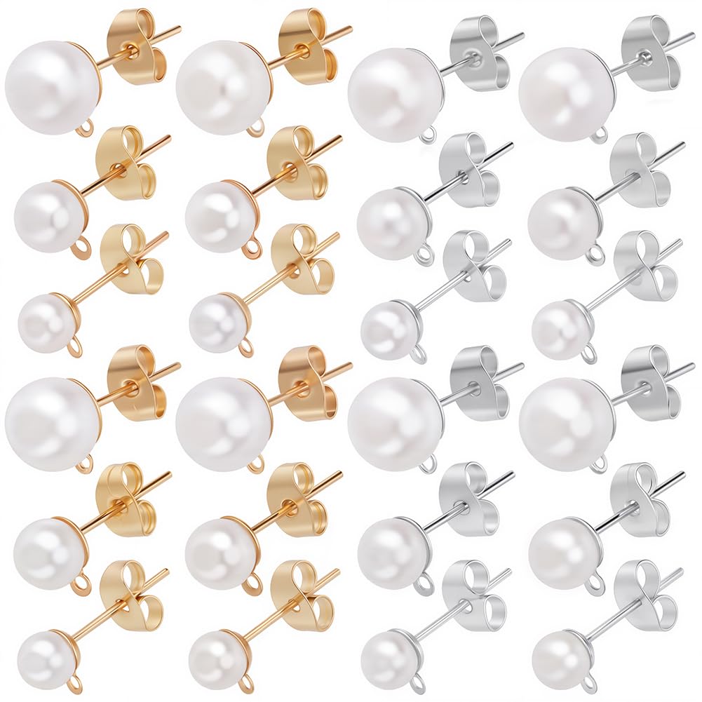 SOFPLATE 1 Box 120Pcs Pearl Earring Posts Pearl Earring Findings Earr Post with Imitation Beads and Loop Butterfly Back Hypoallergenic Silver Ear Studs for Jewellery Making DIY Crafts Supplies Women