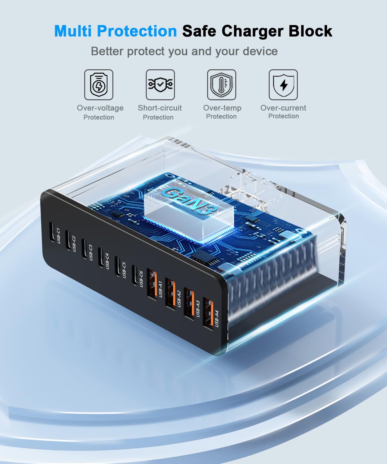 USB C Charging Station 10 Port with 4 USB Cables, 200W GaN Type C Charger Block, Wall Charger Power Strip Adapter Plug for iPad iPhone17 16 15 14 13 12 Pro Max Pixel Note Galaxy