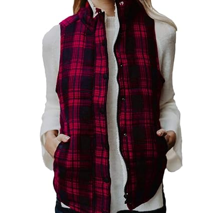 Damen Steppweste,Rovinci Frauen Kariert Weste mit Stehkragen Jacke Winter Warm Ultraleicht Teddy-Sweat Ärmellose Damenwesten 