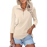 TICTICMISS Women's 3/4 Length Sleeve Tops Collared V Neck T Shirts Polo Zipper Summer Shirts