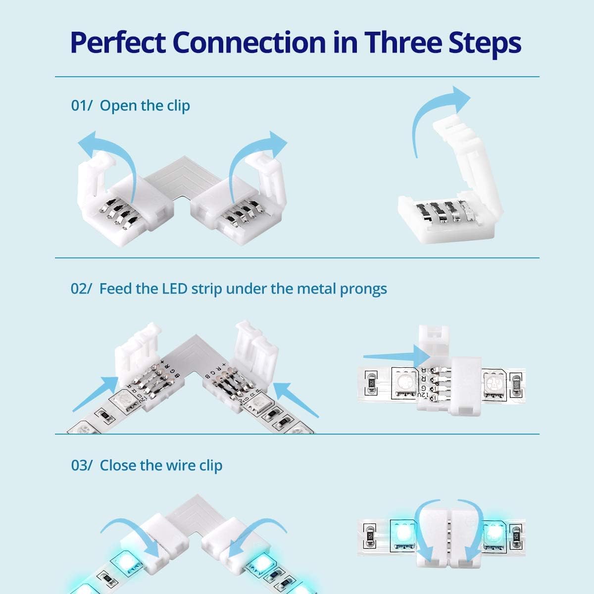 LED Light Strip Connectors, 10mm Unwired 4 Pin RGB LED Lights Connectors kit, 12 Gapless Connectors, 6 L Shape Connectors for SMD 5050 Multicolor LED Strip 12V-24V with 20 Wire Clips, Open Tool: Home Improvement
