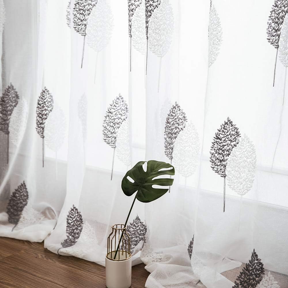 MIULEE Leaves Embroidery Sheer Curtains Christmas Decoration Grommet Window Curtain Semi Voile Drapes with Eyelets Window Treatments for Living Room Bedroom Big Leaves Grey 2 Panels 55" W x 102" L - Image 5