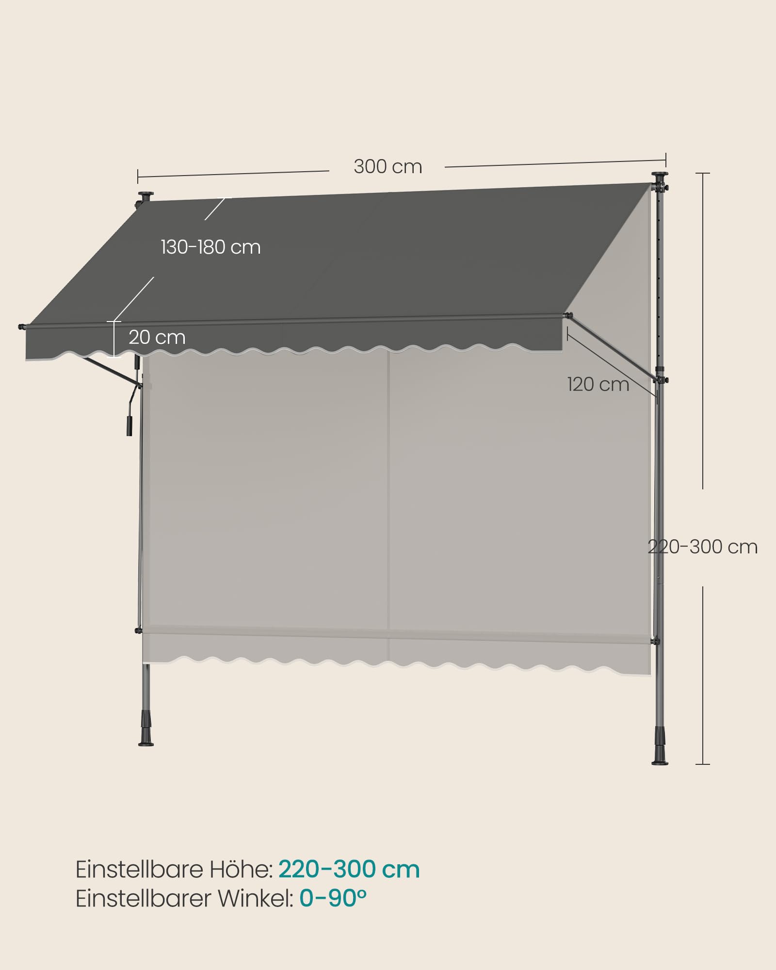 SONGMICS Klemmmarkise, Balkonmarkise, höhenverstellbar, mit Handkurbel, Sonnenschutz, für Balkon, Terrasse, Garten, 300 x 120 cm, anthrazit GSA302G02 5