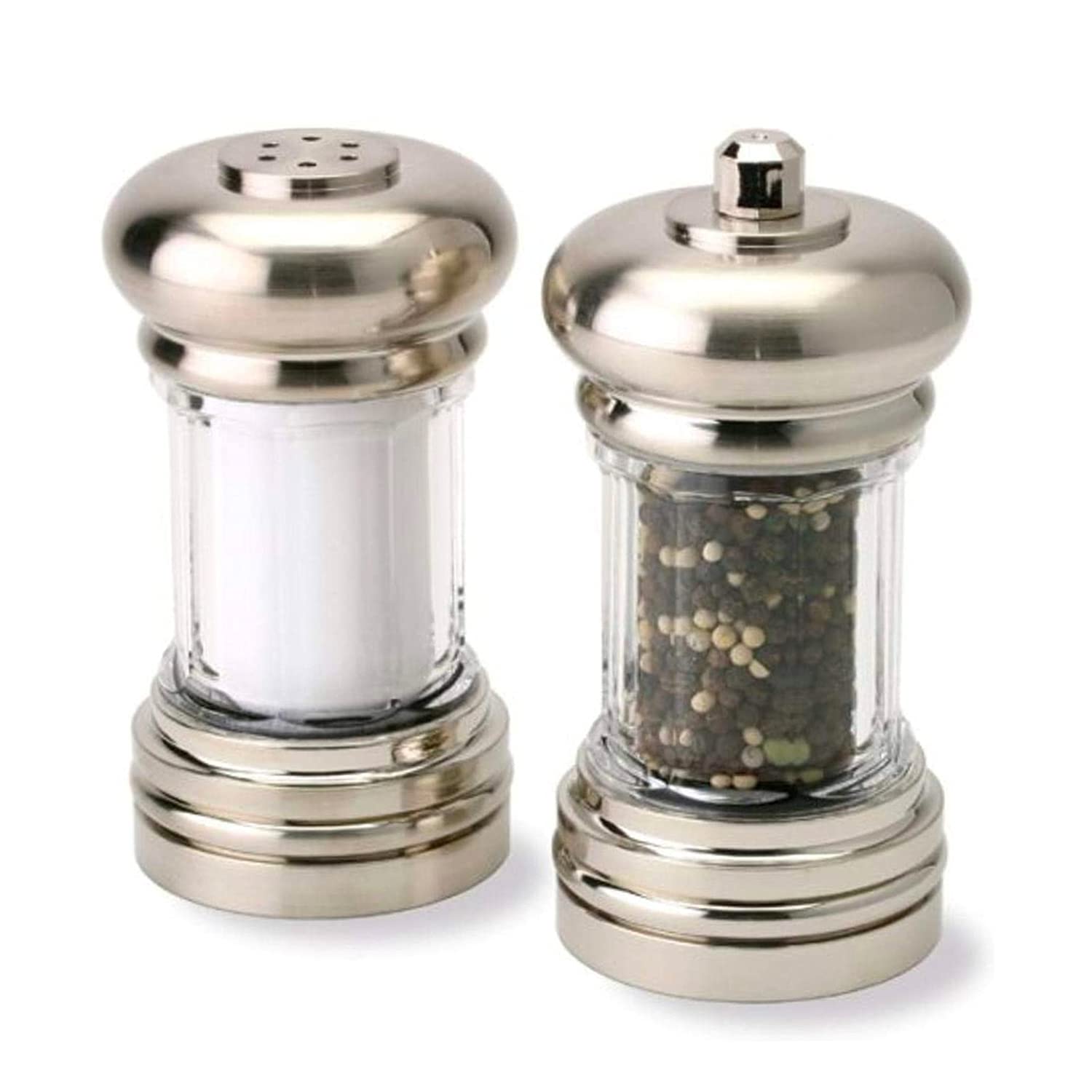 Photo 1 of Olde Thompson - 7 Brushed Nickel Pepper Mill & Salt Shaker Set - Pre-filled with Peppercorns and Pure Ocean Sea Salt, Fully Adjustable for Fine to Coarse Quality, Easy to Clean, Use and Refill
