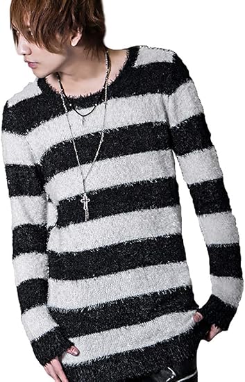 Amazon バーニングショウ Bernings Sho メンズ フェザーヤーン ボーダー柄 ロング丈 ニット セーター V系 セーター 通販