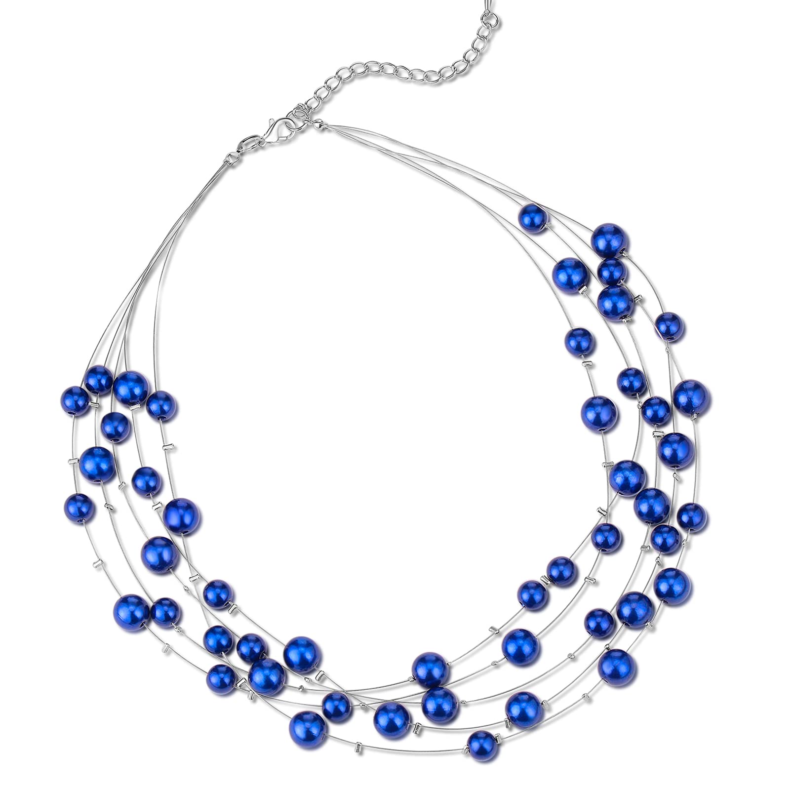 FULU AUTUMN Layered Pearl Necklace Beaded Silver Choker Handmade Boho Statement Costume Necklaces Fashion Jewellery Gifts for Women(Blue)